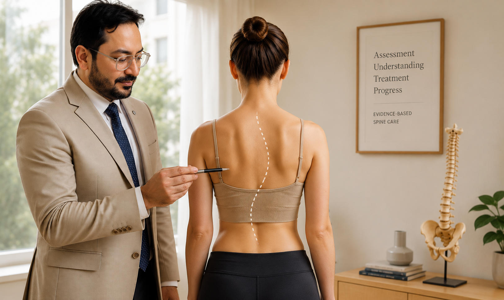 Dr. Ashutosh Sharma assessing a patient's spinal alignment at the Jaipur clinic